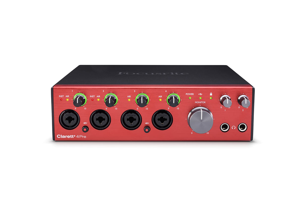 Interfaz de audio USB Clarett+ 4Pre de Focusrite para artistas. Los cuatro preamplificadores de micrófono con distorsión y ruido bajos aportan un sonido real