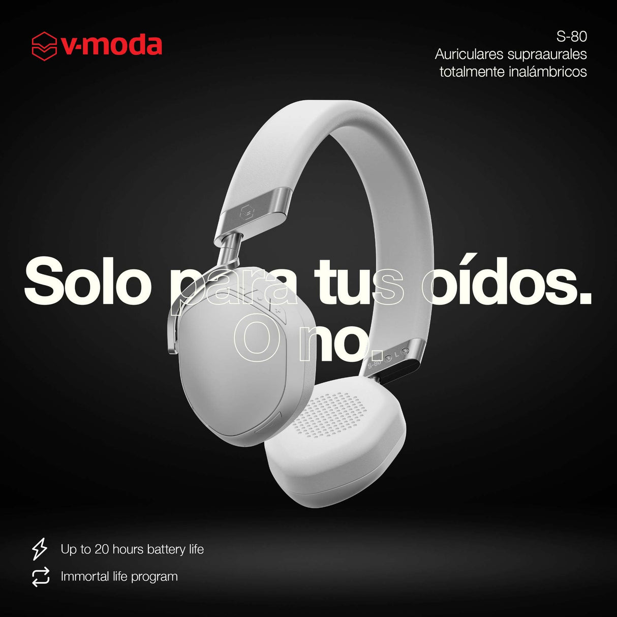 V-Moda S-80 | Auriculares supraaurales Totalmente inalámbricos | Sistema de Altavoces Personal | Diseño Elegante |Sonido Potente, Ajustado para la música electrónica | App de edición móvil | Blanco