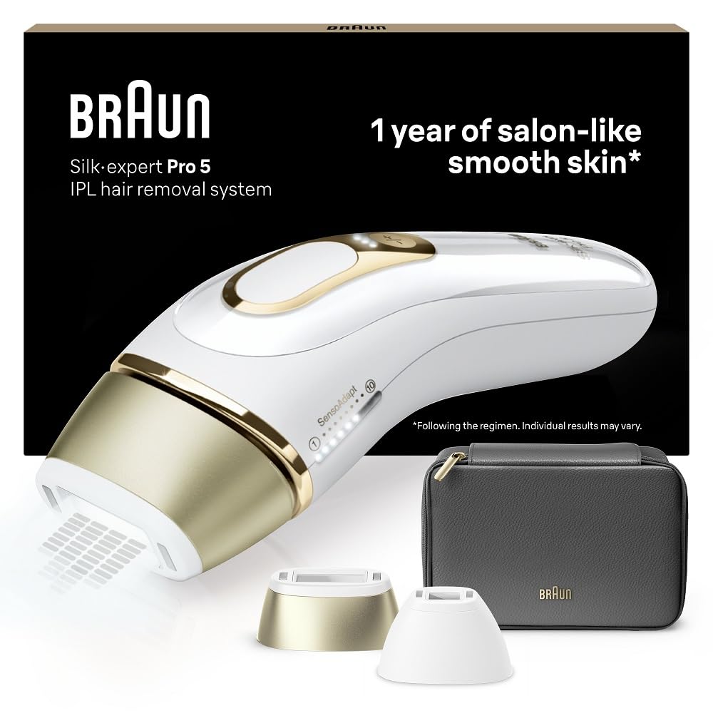 Braun Luz Pulsada Silk-expert Pro 5 PL5140 IPL, Eliminación Del Vello En Casa, Alternativa Para Depilación Láser, Con Funda, 2 Cabezales, Regalo Para Mujer, Blanca/Dorada