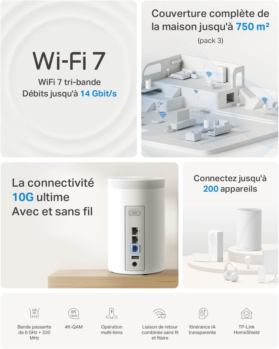 TP-Link Deco BE68 (3-Pack), WiFi 7 Mesh BE14000 Tri-Band, 14 Gbit/s, Ethernet Port up to 10 Gbit/s, Band 6 GHz, Coverage up to 700 m², Compatible with All Fiber Internet Boxes