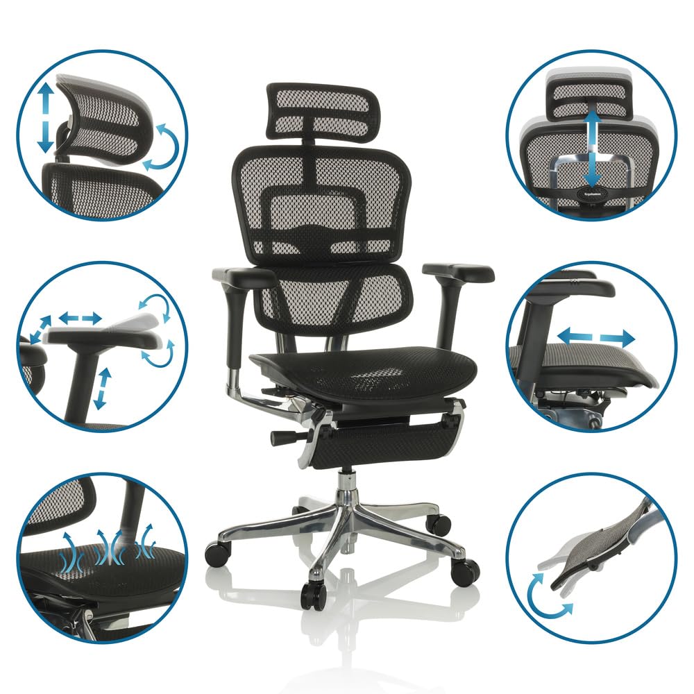 hjh OFFICE Silla de dirección con reposapiés ERGOHUMAN Plus LEGPRO GEN2 Silla de Oficina ergonómica de diseño Original, Totalmente Equipada, Malla Negra
