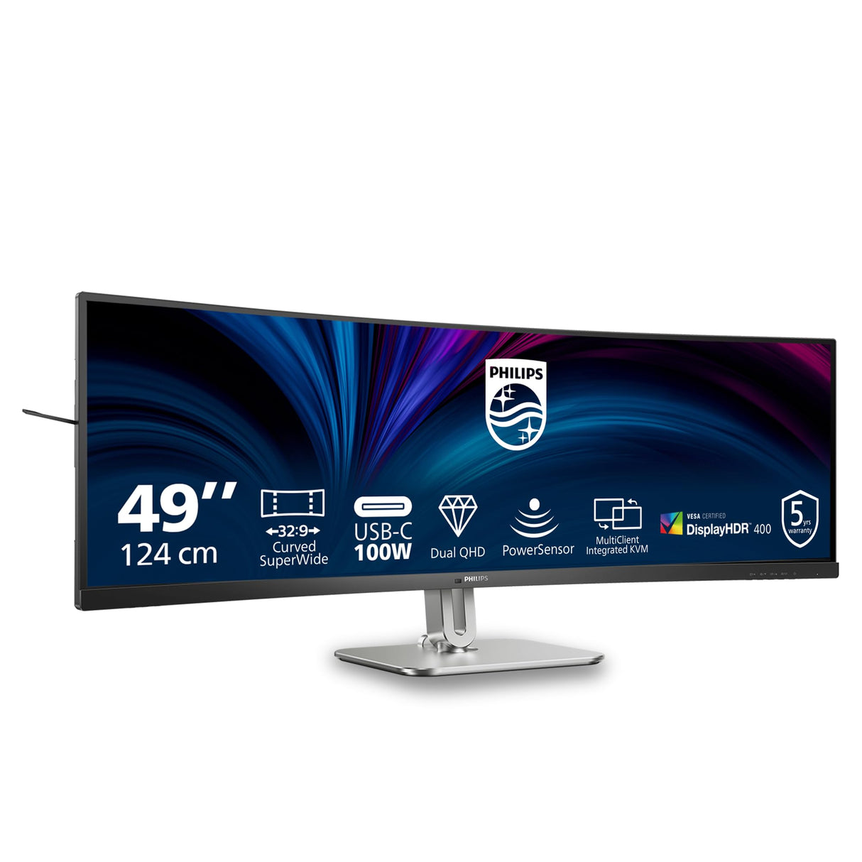 Philips 49B2U5900C - Monitor 49 Pulgadas DQHD Curvo, 75Hz, VA, 4 ms GtG, Adaptive Sync., HDR400, Altura Ajustable, Altavoces (5120x1440, 2X HDMI 2.0, DP 1.4, USB-C, USB-Hub), Gris Oscuro