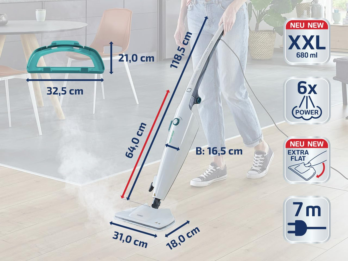 Leifheit Mopa a vapor CleanTenso Power 2.0 contra bacterias y gérmenes, limpiador de vapor de calentamiento rápido, limpiasuelos con regulación gradual
