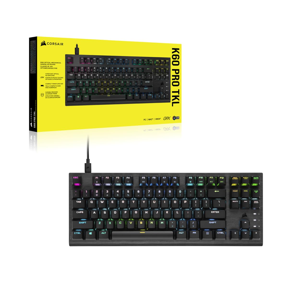 Corsair K60 Pro TKL RGB Teclado óptico mecánico Tenkeyless para Juegos - Interruptor OPX, Carcasa de Aluminio Cepillado, Cable USB Tipo C Desmontable, diseño DE, QWERTZ - Negro