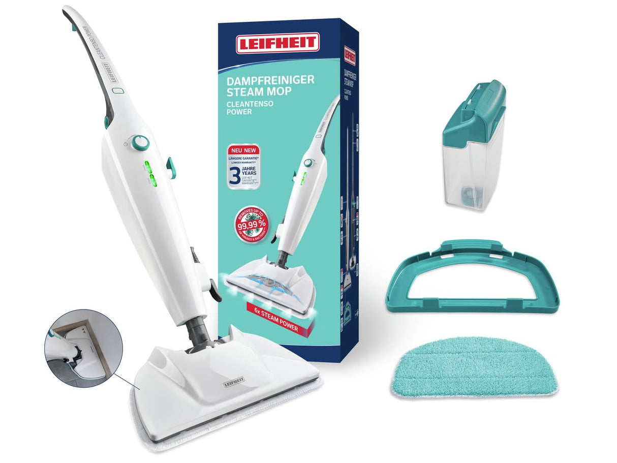 Leifheit Mopa a vapor CleanTenso Power 2.0 contra bacterias y gérmenes, limpiador de vapor de calentamiento rápido, limpiasuelos con regulación gradual