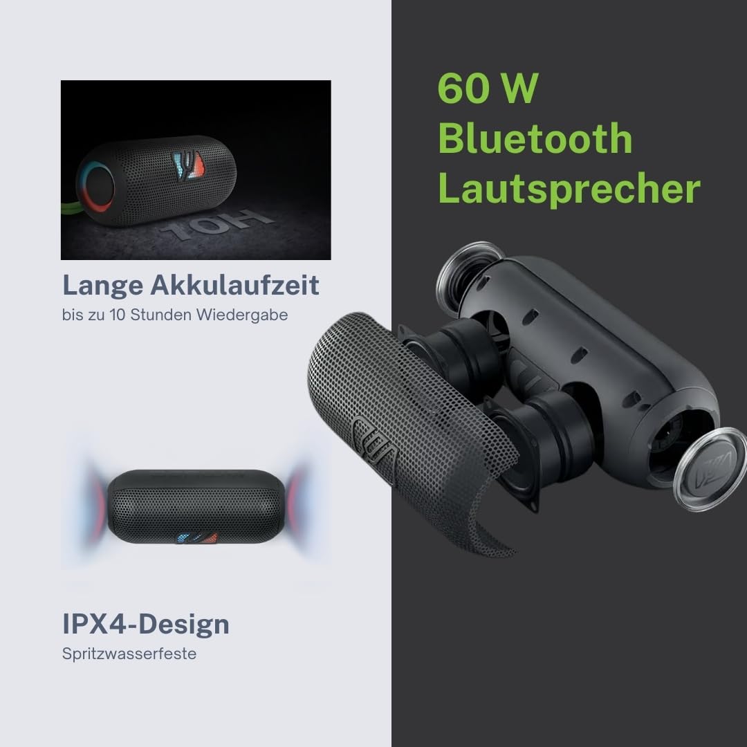 Muse M790BT. Altavoz portatil Bluetooth Resistente a Las Salpicaduras con Luces incorporadas. 60 W de Potencia. Manos Libres. Posibilidad de par Stereo. Concector de Carga USB-C. Batería de 2700 MAH