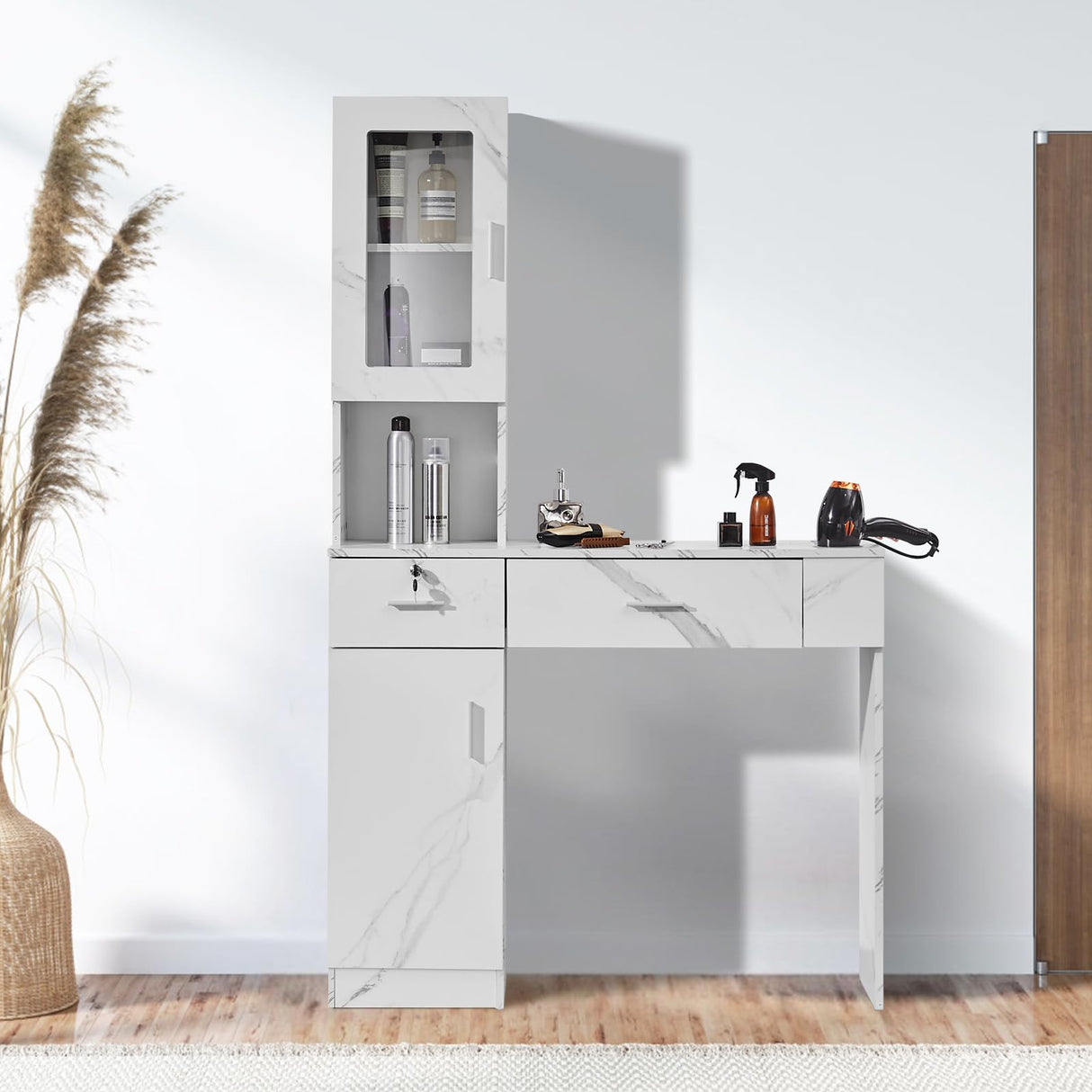 VEVOR Estación Blanca de Salón de Montaje en Pared para Estilista Juego de Muebles de SPA de Belleza 1 Gabinete de Almacenamiento 3 Cubículos y 2 Cajones 1 con Cerradura, para Salón, SPA, Peluquería