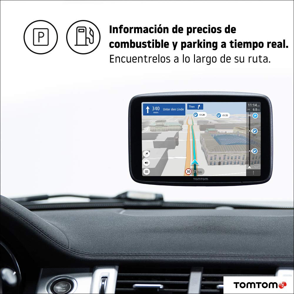 TomTom GPS para coche GO Discover, 6 pulgadas, con tráfico y radares, mapas del mundo, actualizaciones rápidas via WiFi, disponibilidad de parking, precios de combustible, soporte Click-Drive