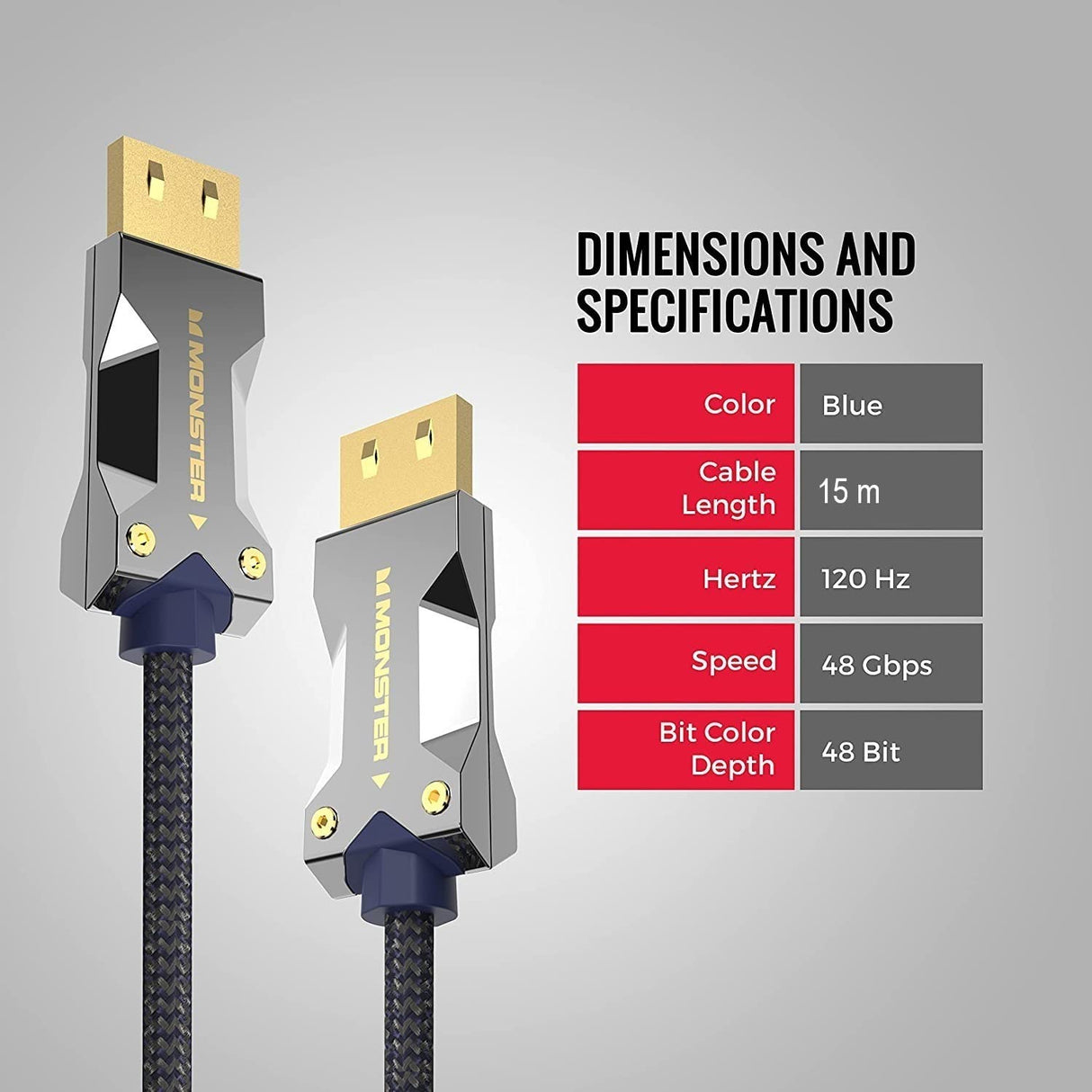 Monster Cable HDMI M3000 de 15 m, cable HDMI 8K, certificado AOC Premium 2.1, cable HDMI de ultra alta velocidad 48 Gbps, 8K a 60Hz, 4K a 120Hz, HDR, eArc, conectores dorados, cable de TV, compatible