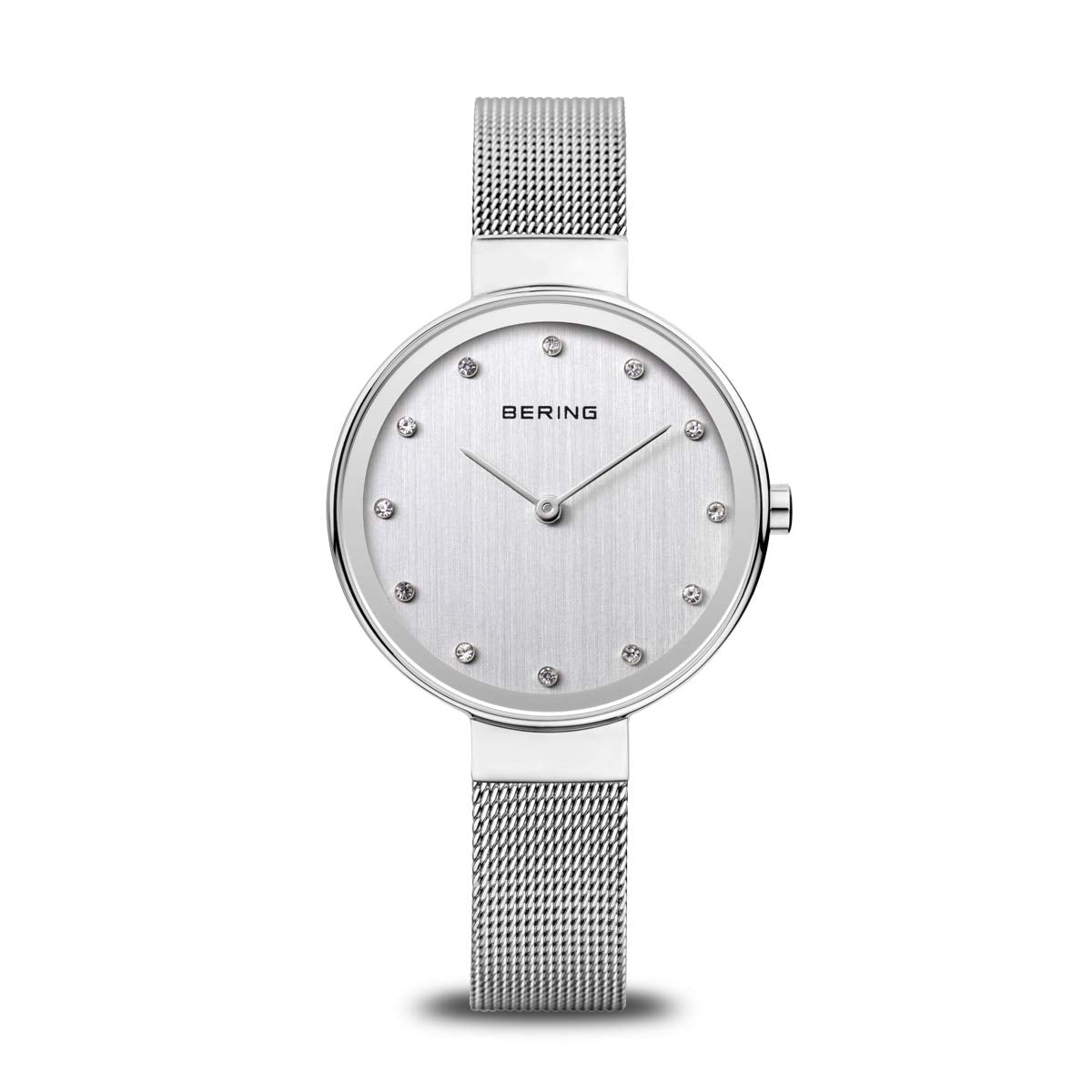 BERING 12034-000 Reloj de cuarzo para mujer con caja de acero inoxidable plateado de 34 mm y esfera plateada, correa milanesa, cristal de zafiro y resistencia al agua de 3 ATM