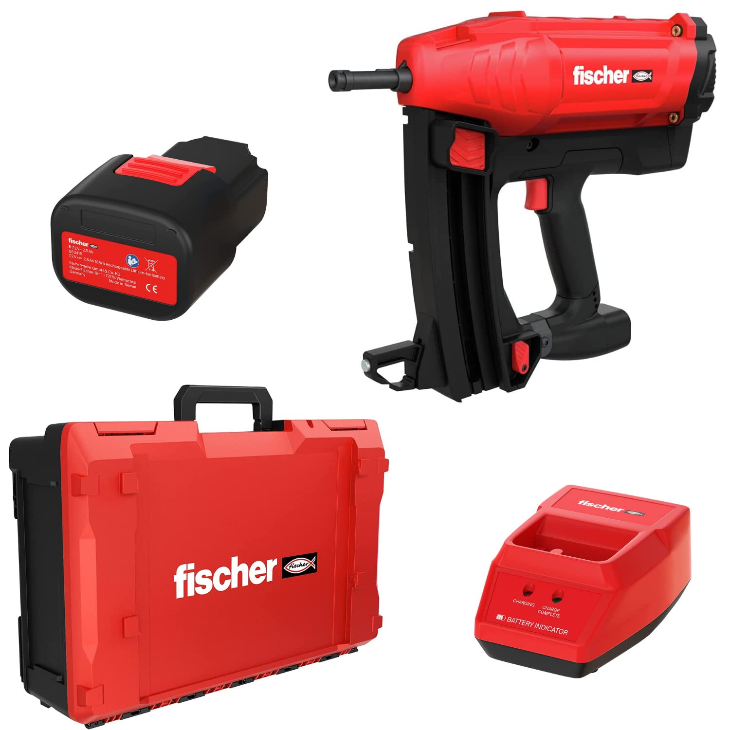 FISCHER, Pistola de clavos, clavadora electrica a gas FGC 100 para fijación de chapa, perfiles, yeso y acero, con dos baterías de 7,2V y 3Ah a 2 disparos por segundo
