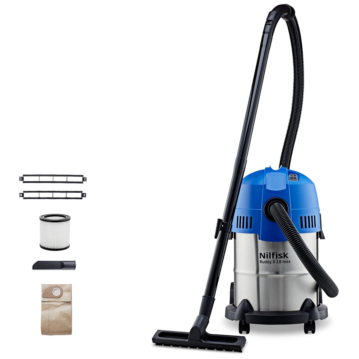 Nilfisk Buddy II 18L INOX Aspirador de Agua y Polvo - Aspiradora de Bricolaje para Sólidos y Liquidos, Seco y Húmedo, Exterior e Interior (1200 W)