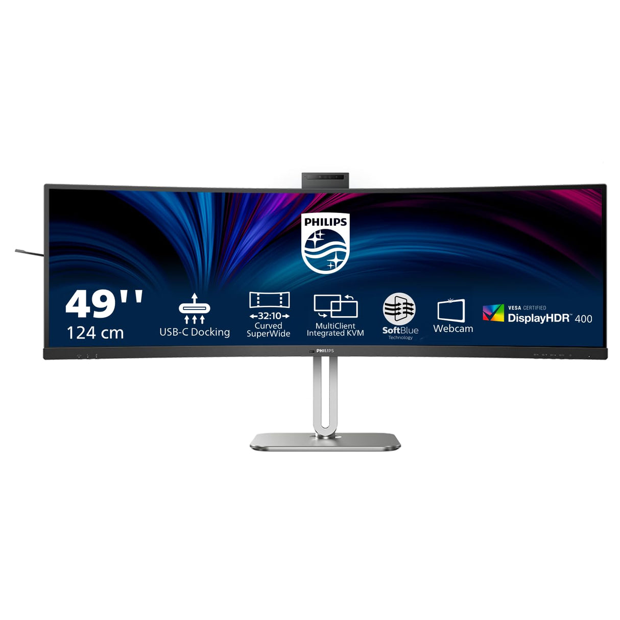 Philips 49B2U6900CH - Monitor Curvo DQHD de 49 Pulgadas, 75 Hz, 4 ms, Webcam, USB-C 100 W PD, HDR400, KVM, Ajustable en Altura (51210 x 1440 450 CD/m², HDMI/DP 1.4/USB 3.1 / USB-C)