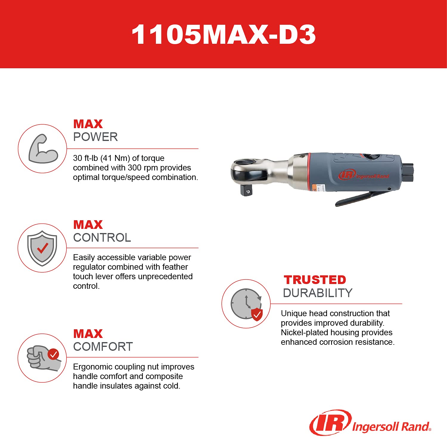 Ingersoll-Rand 1105MAX-D3 Llave de Carraca Neumática de 3/8", Mini Herramienta Neumática con Torsión de 41 Nm, 300 rpm, Gris.
