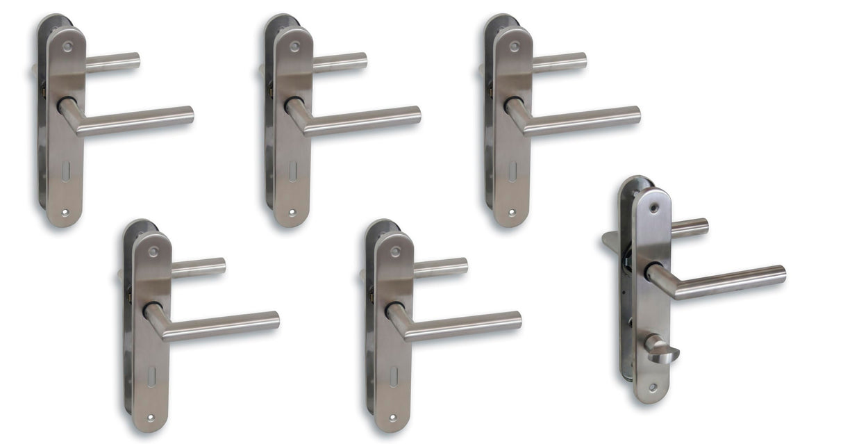 Juego de 6 placas largas para puerta de acero inoxidable satinado para 5 puertas de habitaciones con perforación de barba y 1 puerta de baño y tirador de puerta