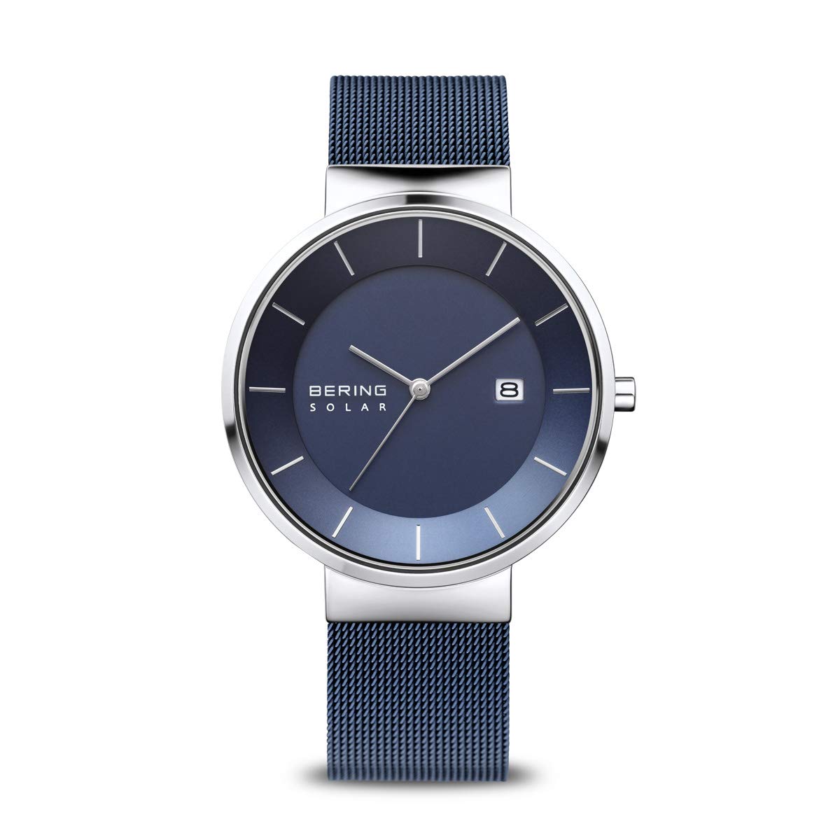 BERING 14639-307 Reloj solar para hombre con caja de acero inoxidable plateado de 39 mm y esfera azul, correa milanesa, cristal de zafiro y resistencia al agua de 5 ATM