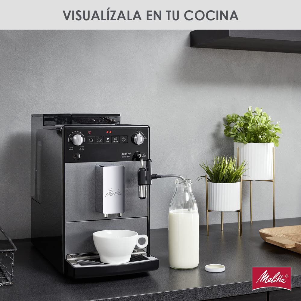 Melitta Avanza F270-100 Mystic Titan - Cafetera superautomática compacta con molinillo silencioso, máquina de café con capuchinador easy, depósitos XL, modo doble taza y limpieza automática, 1,5 L