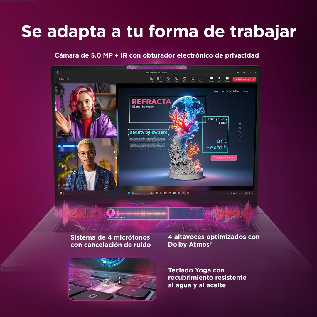 Lenovo Yoga Pro 7 Gen 11 Aura Edition – Portátil IA 15.3" OLED 2.5K (Intel Core Ultra 7 356H, NVIDIA GeForce RTX 5050, 32 GB RAM, 1 TB SSD, Wi-Fi 7, Win 11 Home, Copilot+ PC) QWERTY Español, Gris Luna