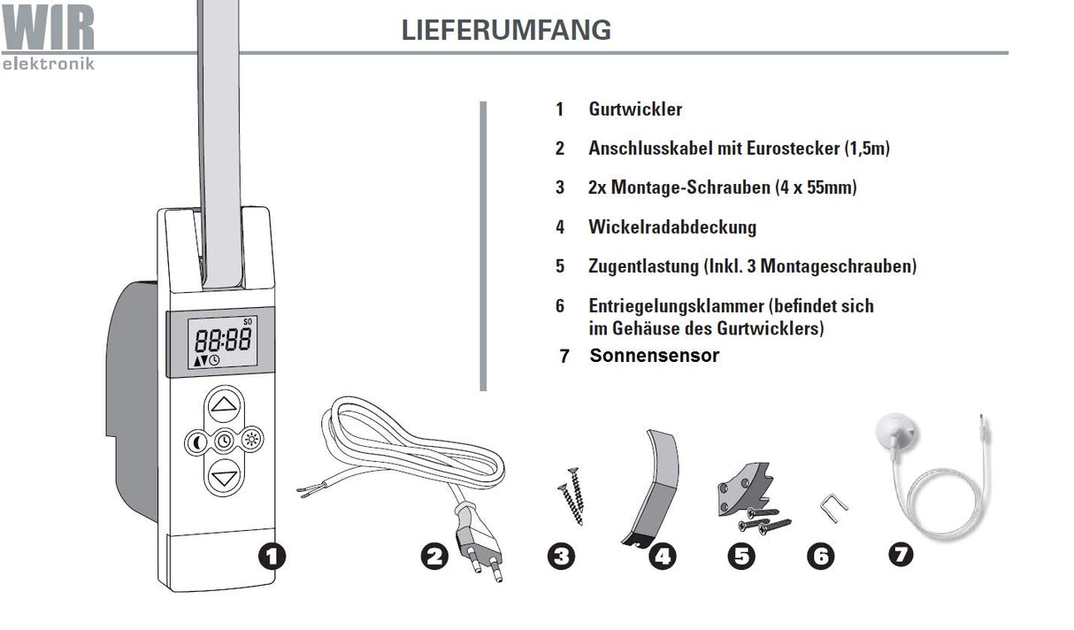 WIR electronics, eWickler Comfort Set, eW820, 3x, bobinadora eléctrica + sensor solar 1m eSo371, pantalla, para correas de 23 mm, ocultas, hasta 50 kg, tiempos de viaje ajustables, incluido enchufe de alimentación