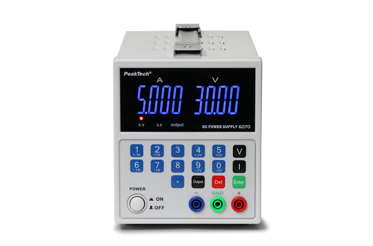 PeakTech 6070 – Fuente de alimentación 0-30V / 0-5A, ajustable, DC con USB y pantalla LED, conmutación estabilizada, amperímetro, a prueba de sobrecarga y cortocircuito, enfriamiento pasiv