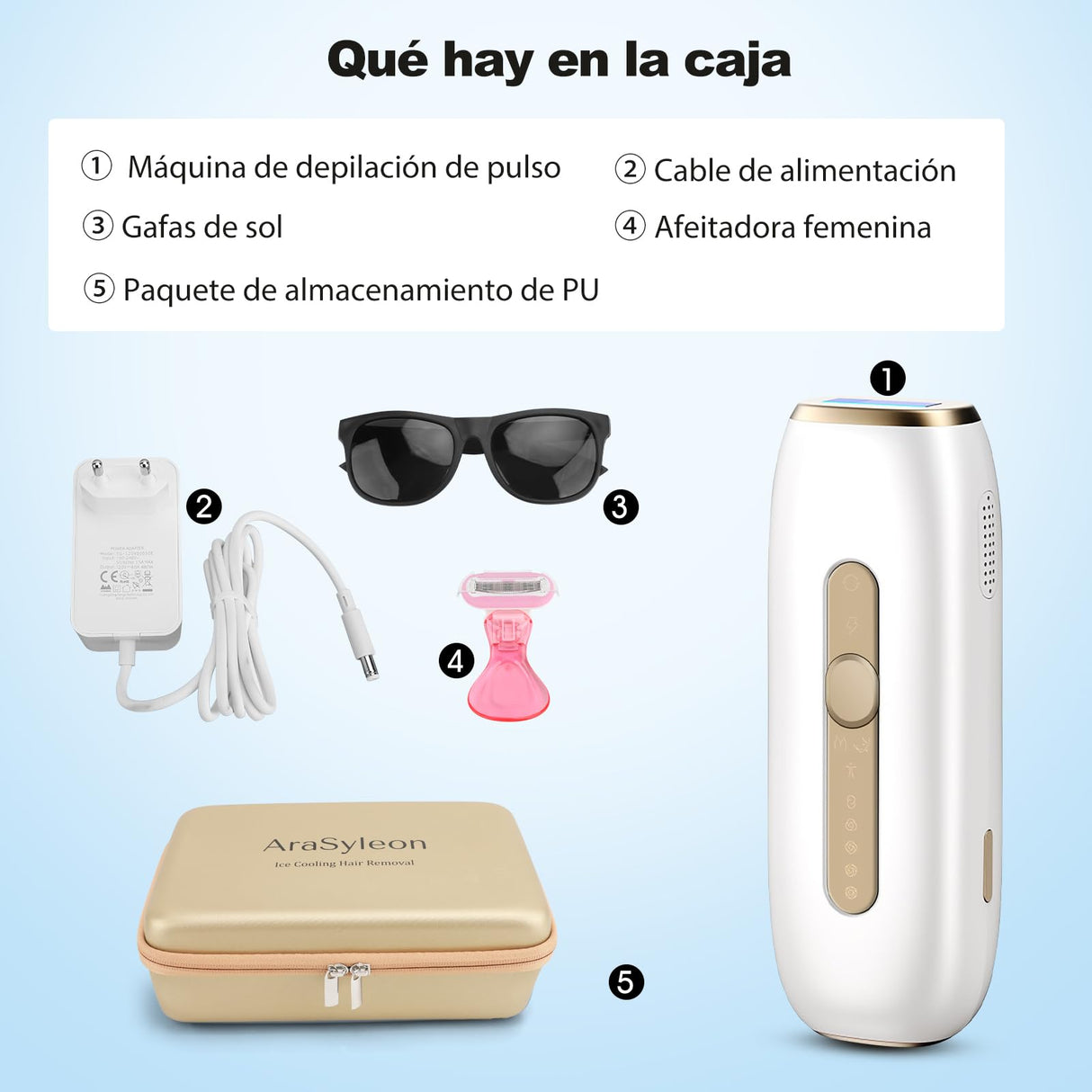 AraSyleon IPL depiladora luz pulsada, refrigeración zafiro sin dolor, depiladora luz pulsada, 1200 nm depiladora láser, 3 modos de ajuste de 5 velocidades, Ideal para Cuerpo y Rostro