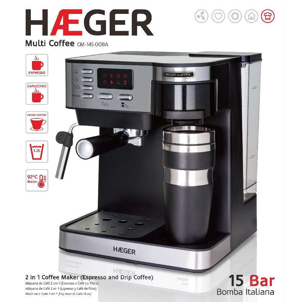 HAEGER Multi Coffee - Cafetera Espresso con 1450w, Capacidad: 1,2L - Pantalla de LED, Boquilla de Espuma y Bandeja de Goteo Desmontable, Cesta del Filtro extraíble y Lavable.