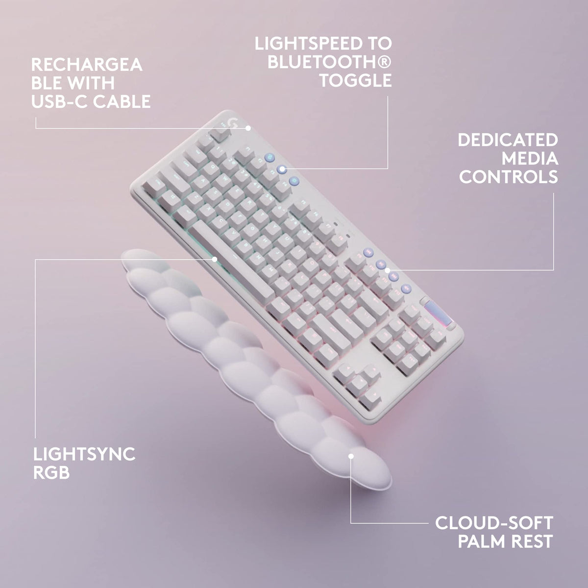 Logitech G715 Teclado Para Gaming Inalámbrico con Iluminación LIGHTSYNC RGB, LIGHTSPEED, Interruptores Linear (GX Rojo) y Reposamanos Para Teclado, Compatible con PC y Mac, Blanco