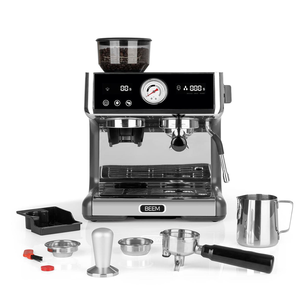 BEEM ESPRESSO-GRIND-EXPERT Colador Espresso Premium con Molinillo | 2 Termobloques para la Preparación simultánea de Espresso y Microespuma de Leche | Display de Extracción y Molido