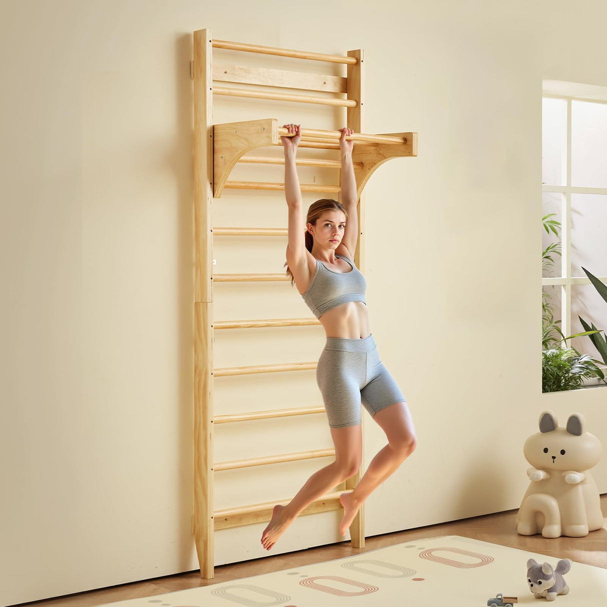 VEVOR Interior de Madera Maciza Niveles, Escalera de Escalada Carga de 99,8 kg, Gimnasia con Barra de Dominadas para Niños y Adultos, Color (10-Level Solid Wood Indoor Jungle Gym)