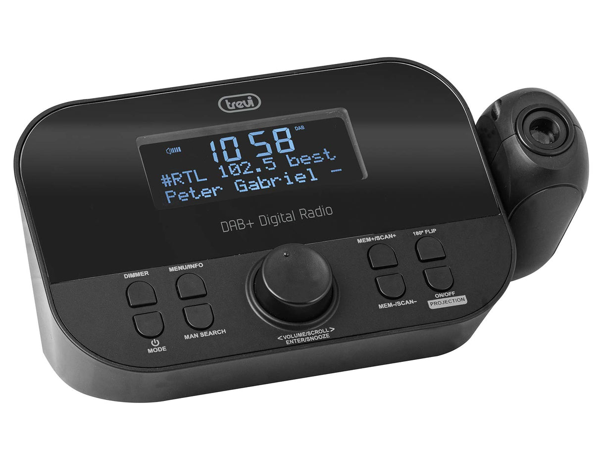 Trevi RC 85D8 Dab - Radiodespertador electrónico con proyección horaria y Receptor Digital Dab/Dab+, Gran Pantalla LED, alarmas programables, función Snooze, función de sueño