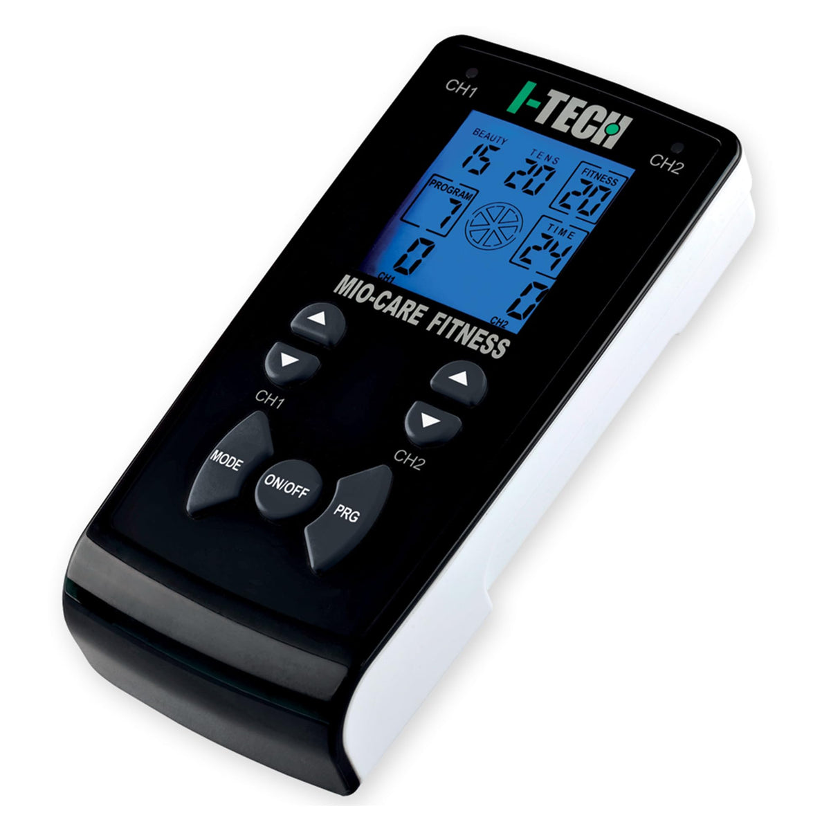 I-Tech Mio-Care Fitness, Electroestimulador 2 Canales Independientes, 8 Electrodos, Display Retroiluminado, Max 100 mAh por Canal, 55 Programas: 20 Médico, 15 Belleza, 20 Fitness, 500 Aplicaciones