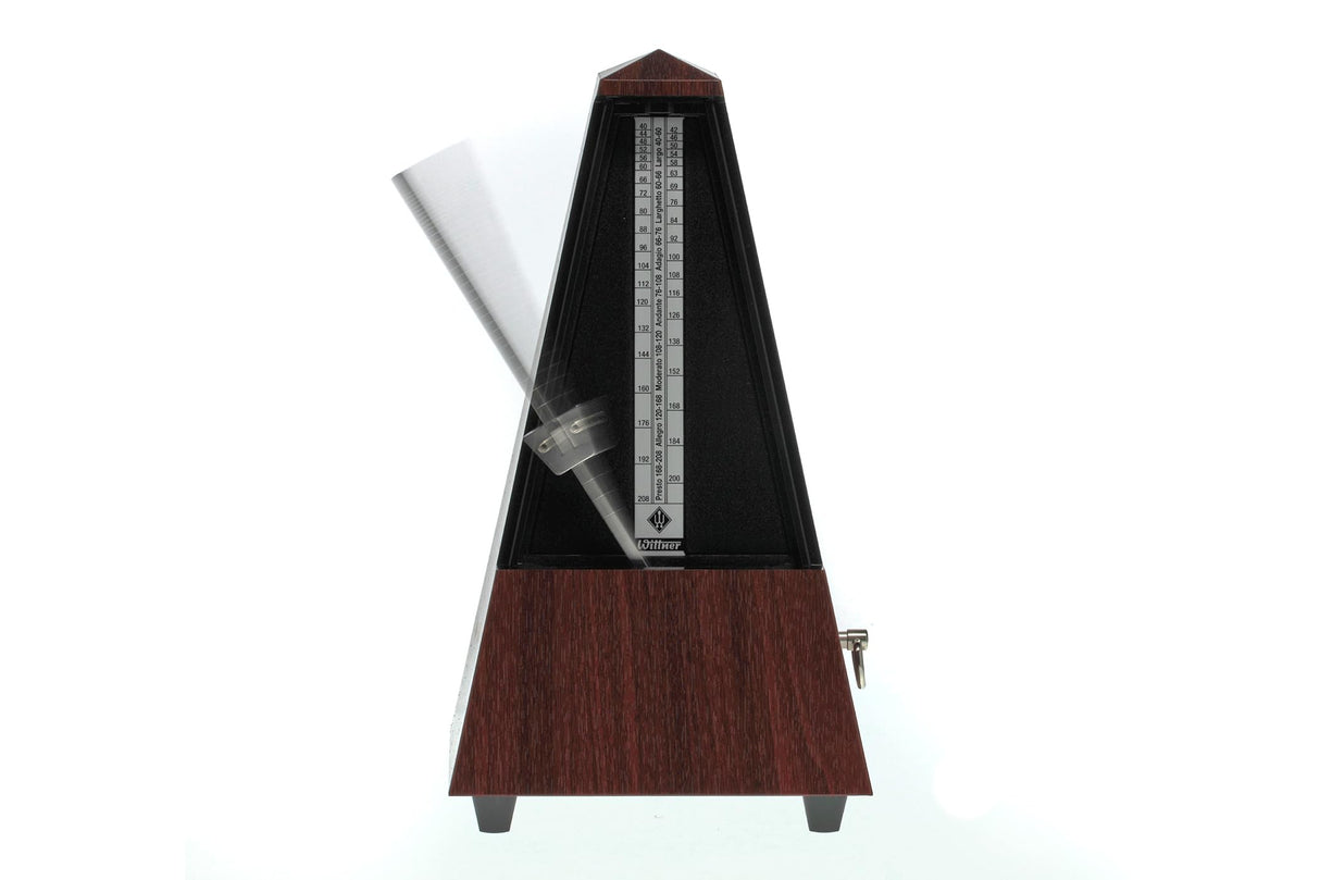 Wittner Metrónomo Taktell en forma de pirámide Sistema Maelzel Serie 845 - Carcasa de plástico - Sin campana - Grano de caoba - Mecánico con cuerda - No se requieren baterías - Hecho en Alemania