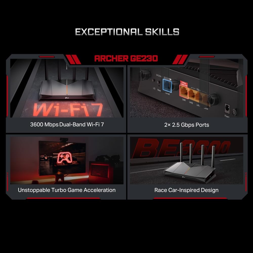 TP-Link Archer GE230 Wi-Fi 7 Gaming Router, WiFi de Doble Banda BE3600, 2 Puertos × 2,5 Gbps + 3 × Puertos Gigabit, MLO, HomeShield, USB 3.0, EasyMesh, Red privada para Gamers, iluminación RGB sin