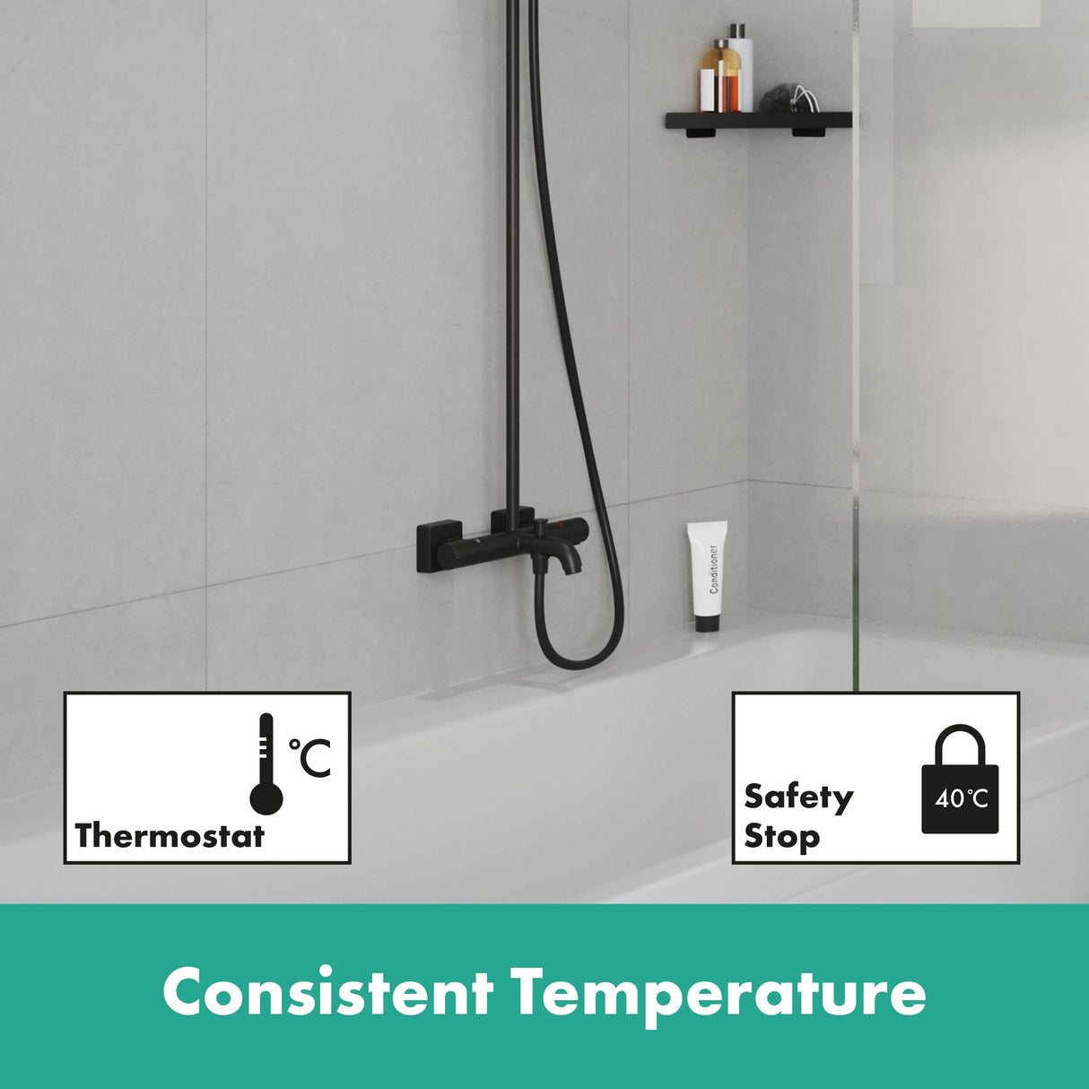 hansgrohe Vernis Shape Sistema de ducha con termostato de bañera 240, 1 tipo de chorro, negro mate, 26900670