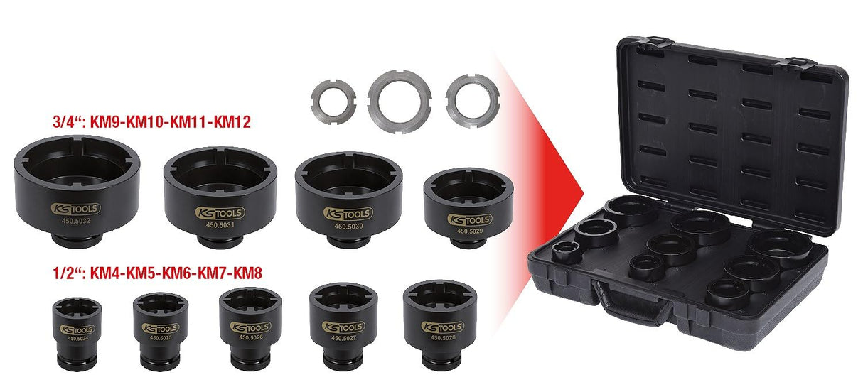 KS Tools 450.5020 Juego de vasos para tuercas ranuradas, pivote interior 9 pzs
