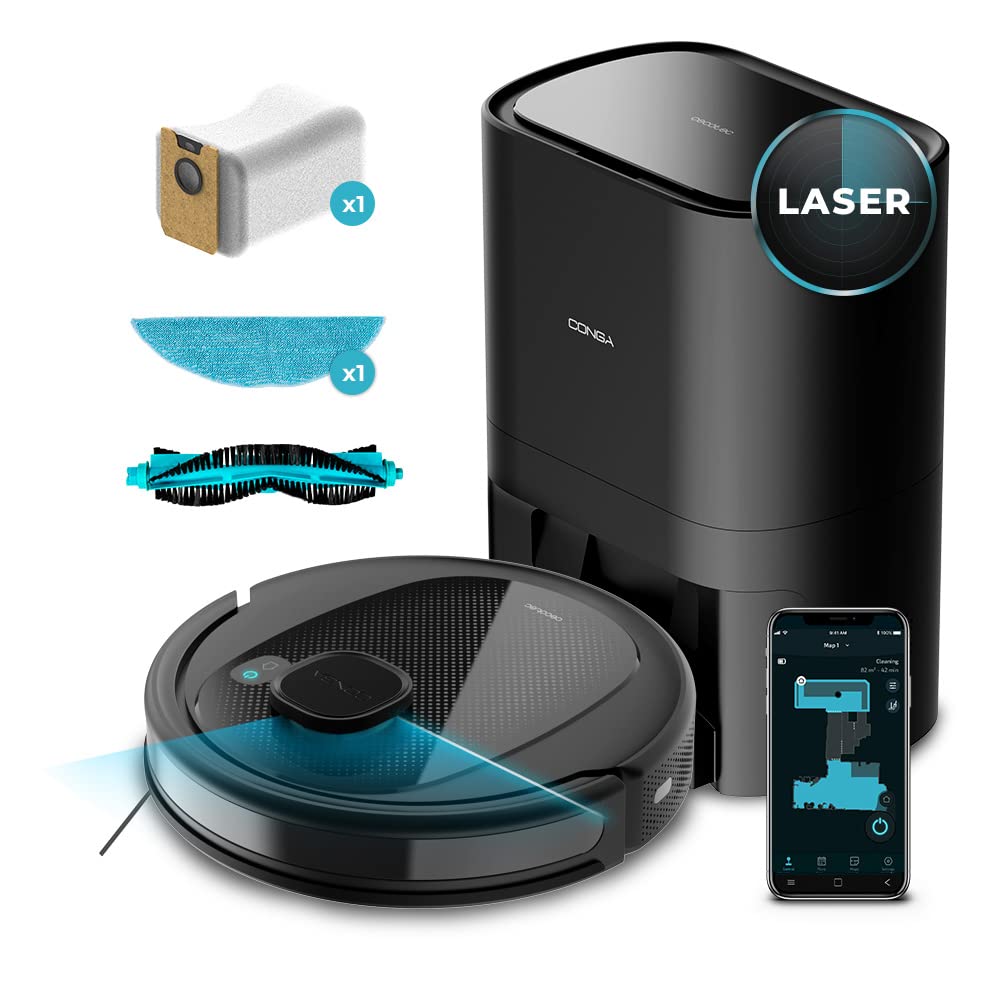 Cecotec Robot Aspirador Conga 7490 Eternal Home Genesis. iTech Laser Eye, 4en1, Room Plan, Base-SmartClean, 3000 Pa, Fregado, 110 Minutos, 8 Modos, Bolsa 2 L.