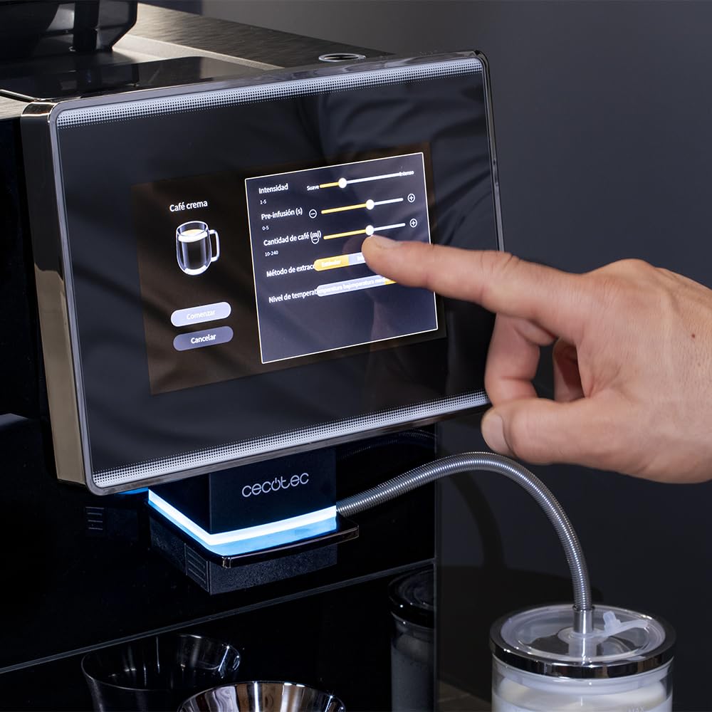 Cecotec Cafetera Superautomática Táctil Cremmaet Touch OCS. 1500W, 19 Bares, Pantalla TFT, Sistema Thermoblock, Limpieza Automática, Depósito de 400g de Café en Grano, 2L de Agua y 600ml de Leche