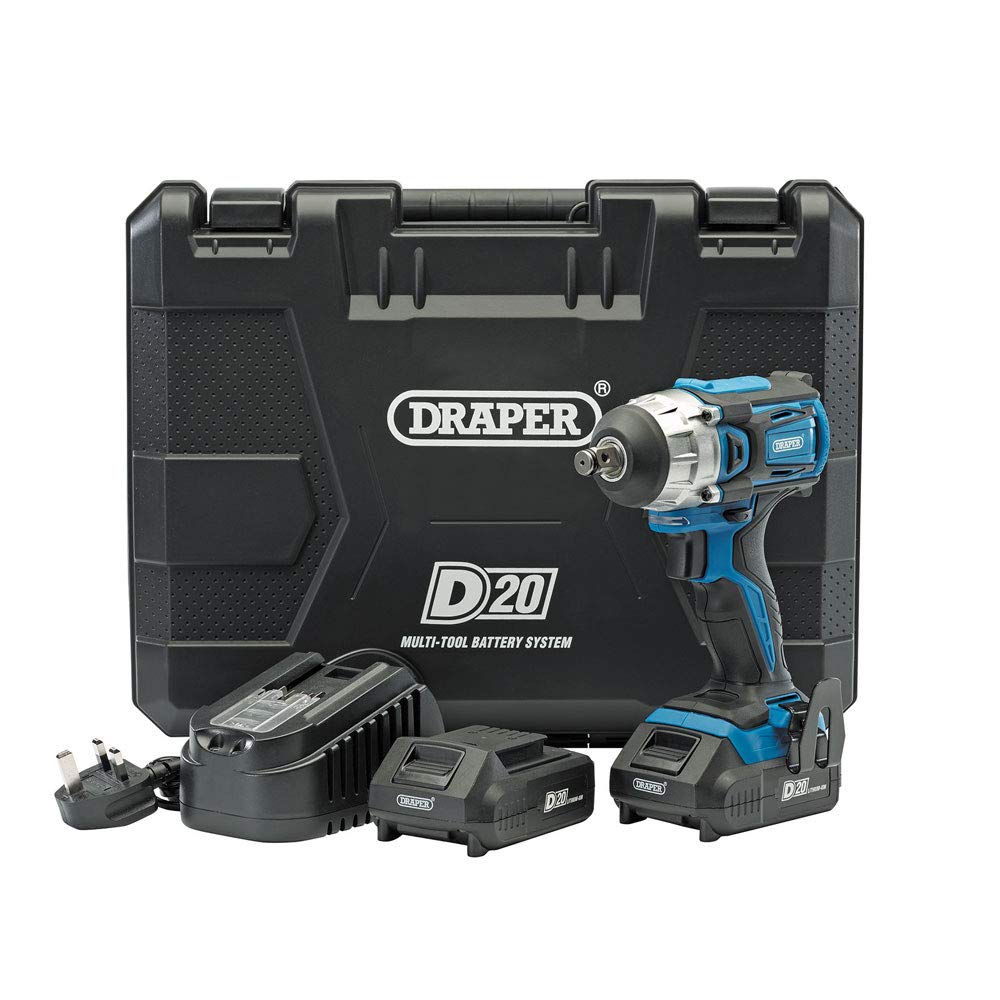 Draper 55343 D20 - Llave de impacto de par medio sin escobillas de 20 V de 1/2 pulgada con 2 baterías