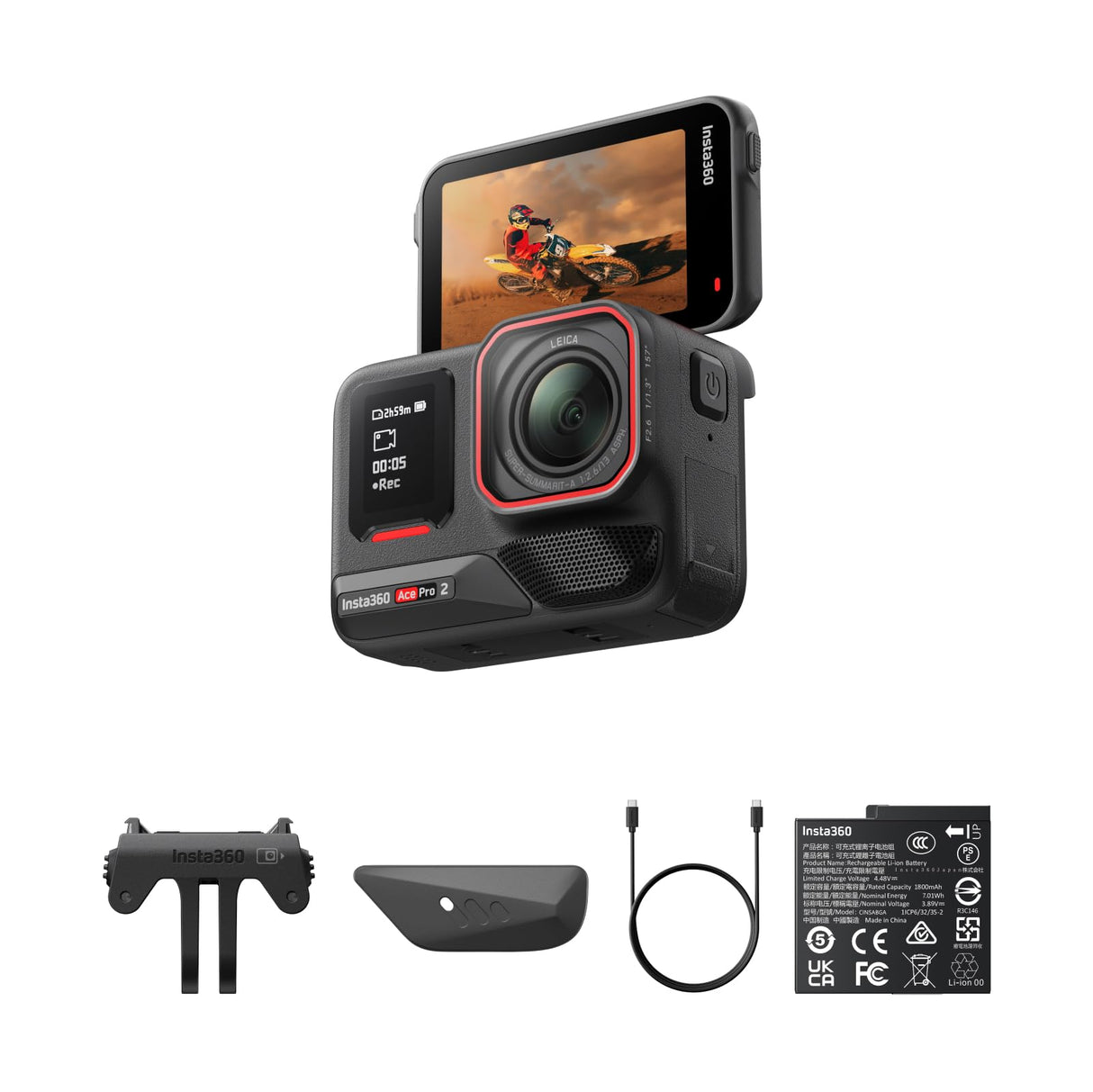 Insta360 Ace Pro 2 Pack doble batería – Cámara de acción impermeable 8K co-diseñada con Leica, sensor de 1/1,3", doble chip de IA, calidad en baja luz, audio avanzado, pantalla abatible, edición IA,