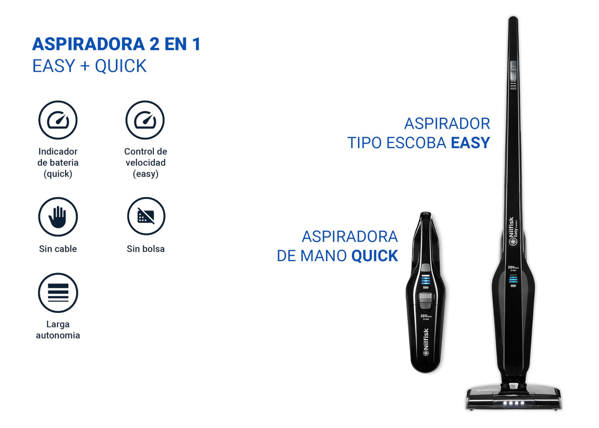 Nilfisk Aspirador de escoba y de mano Easy 2 en 1, sin bolsa, sin cable, recargable, 28 V, blanco