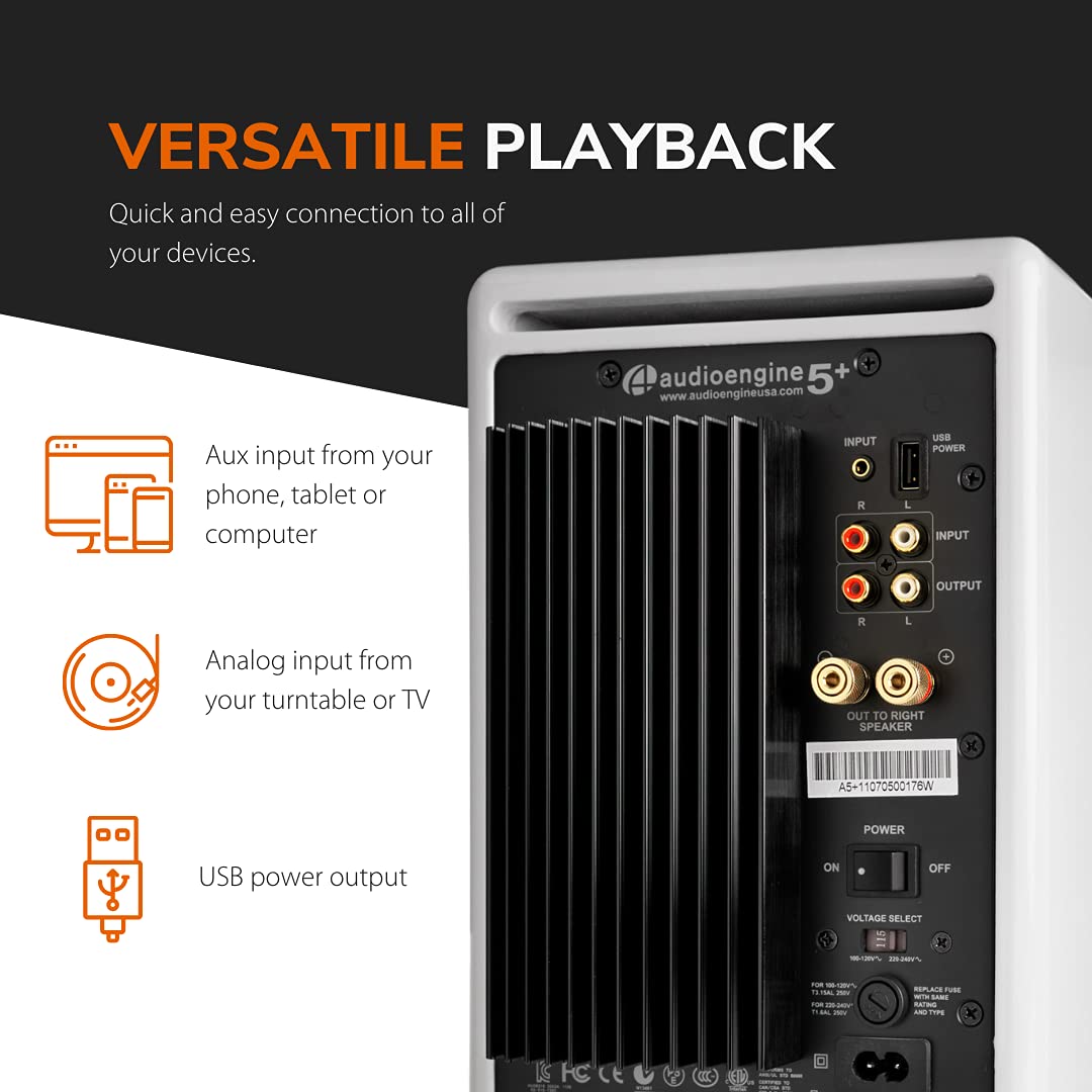 Audioengine A5+ Classic 150W Altavoces de estantería/Amplificador Analógico Incorporado/Control Remoto/Entradas RCA y 3.5mm. / Cables Incluidos (Classic, Blanco)