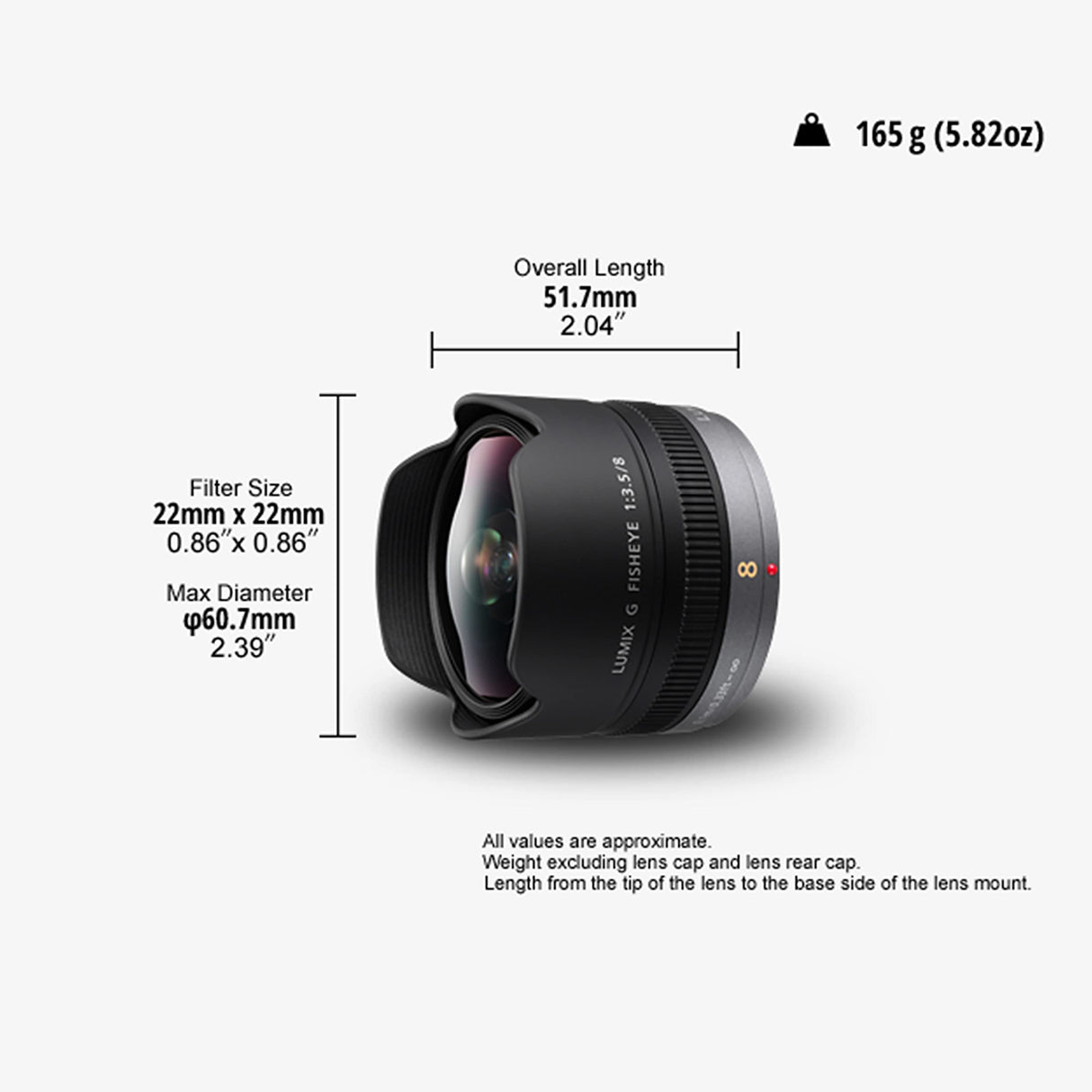 Panasonic LUMIX H-F008 - Objetivo Ojo de pez para cámaras de montura M4/3 (Focal 8 mm, F3.5, Lente Extra-Low dispersion), negro