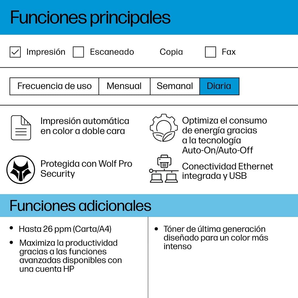 HP Color LaserJet Pro 3202dn, Impresora Láser Monofunción A4, impresión a doble cara automática, 25 ppm, USB 2.0, Procesador 1,2 GHz, Ethernet, Memoria 256MB, Compatible con HP Smart, Blanca y Azul