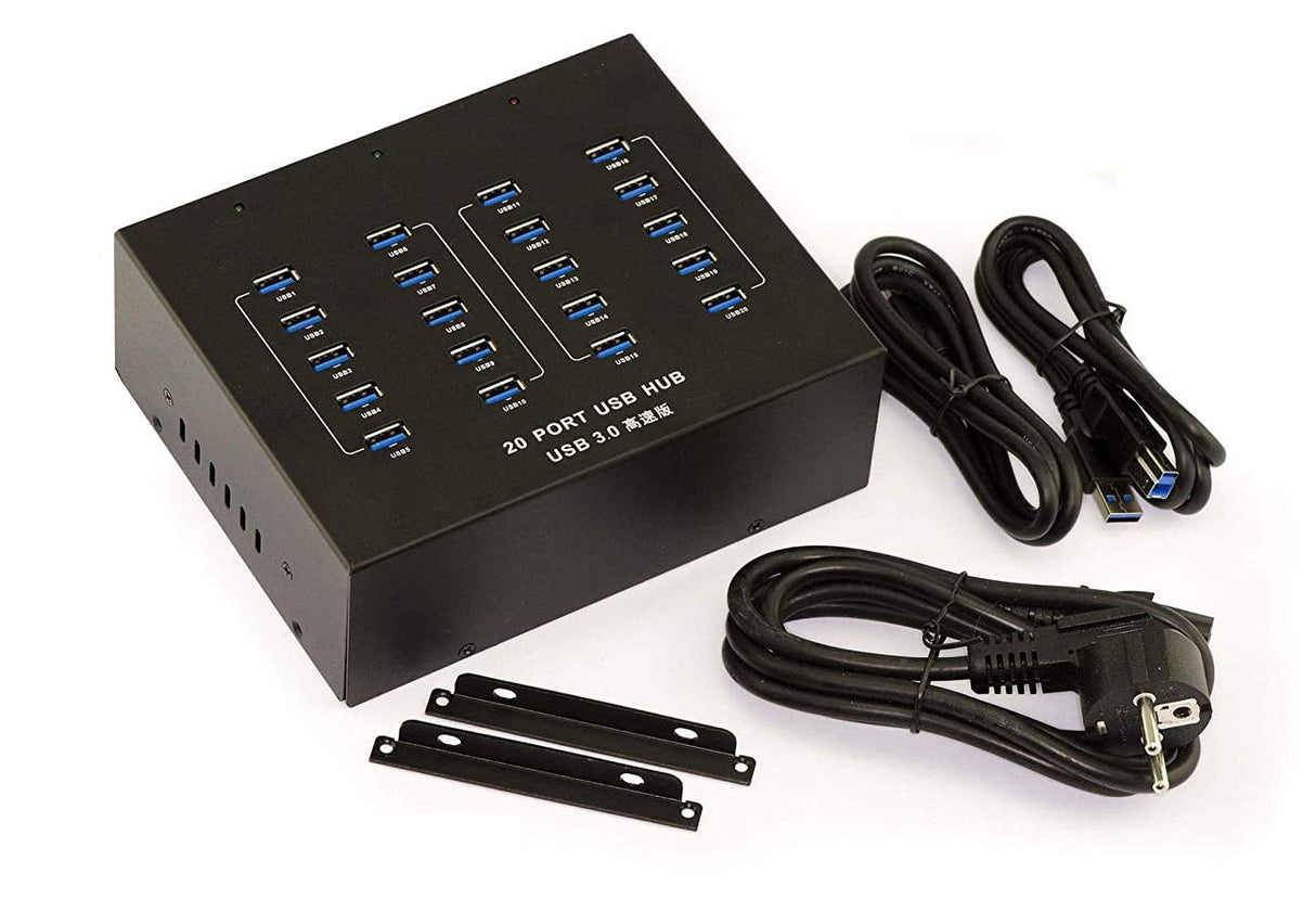 KALEA-INFORMATIQUE Estación de Carga y HUB USB Tipo Industrial. 20 Puertos USB 3.0 5G con Fuente de Alimentación de 20A. Montable o en Bastidor