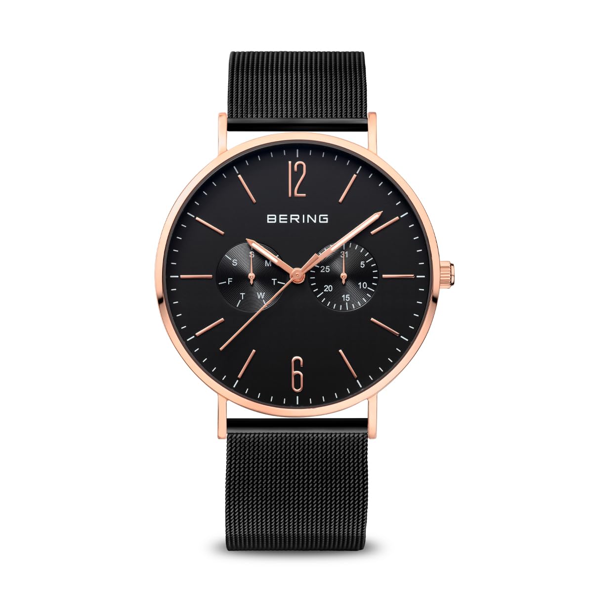 BERING 14240-163 Reloj de cuarzo para hombre con caja de acero inoxidable de 40 mm con acabado en oro rosa y esfera negra, correa milanesa, cristal de zafiro y resistencia al agua de 3 ATM