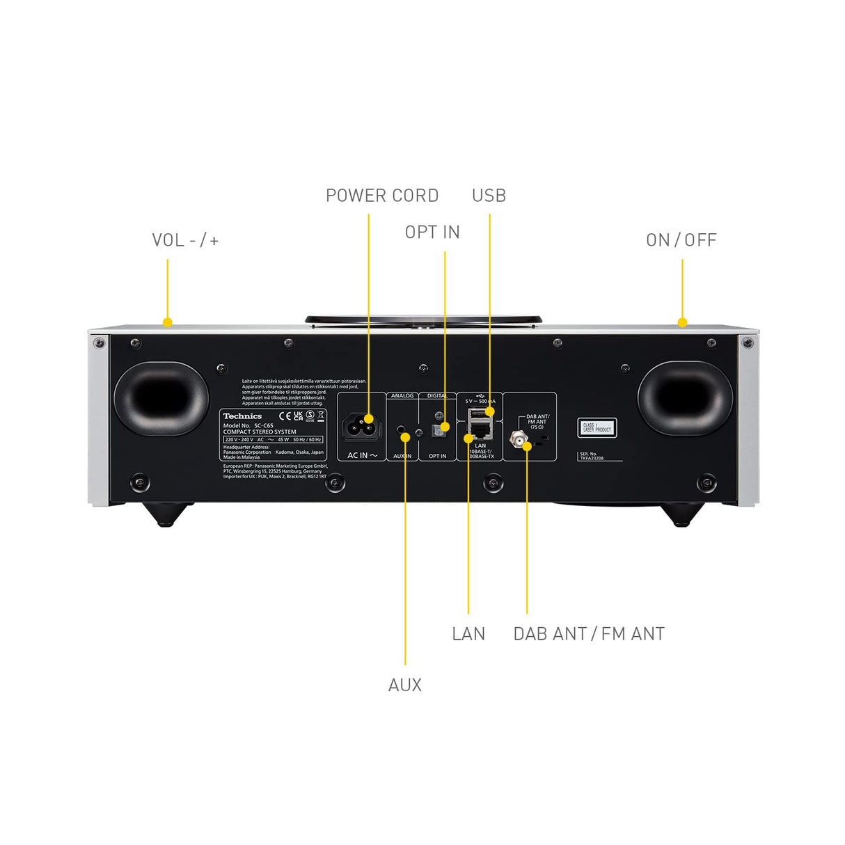 Technics OTTAVA SC-C65EG-S Sistema De Música Todo En Uno con Reproductor de CD, Radio Dab+, USB, Bluetooth y Chromecast Integrado, AirPlay 2, 2.1 Canales, Wi-Fi, Plateado