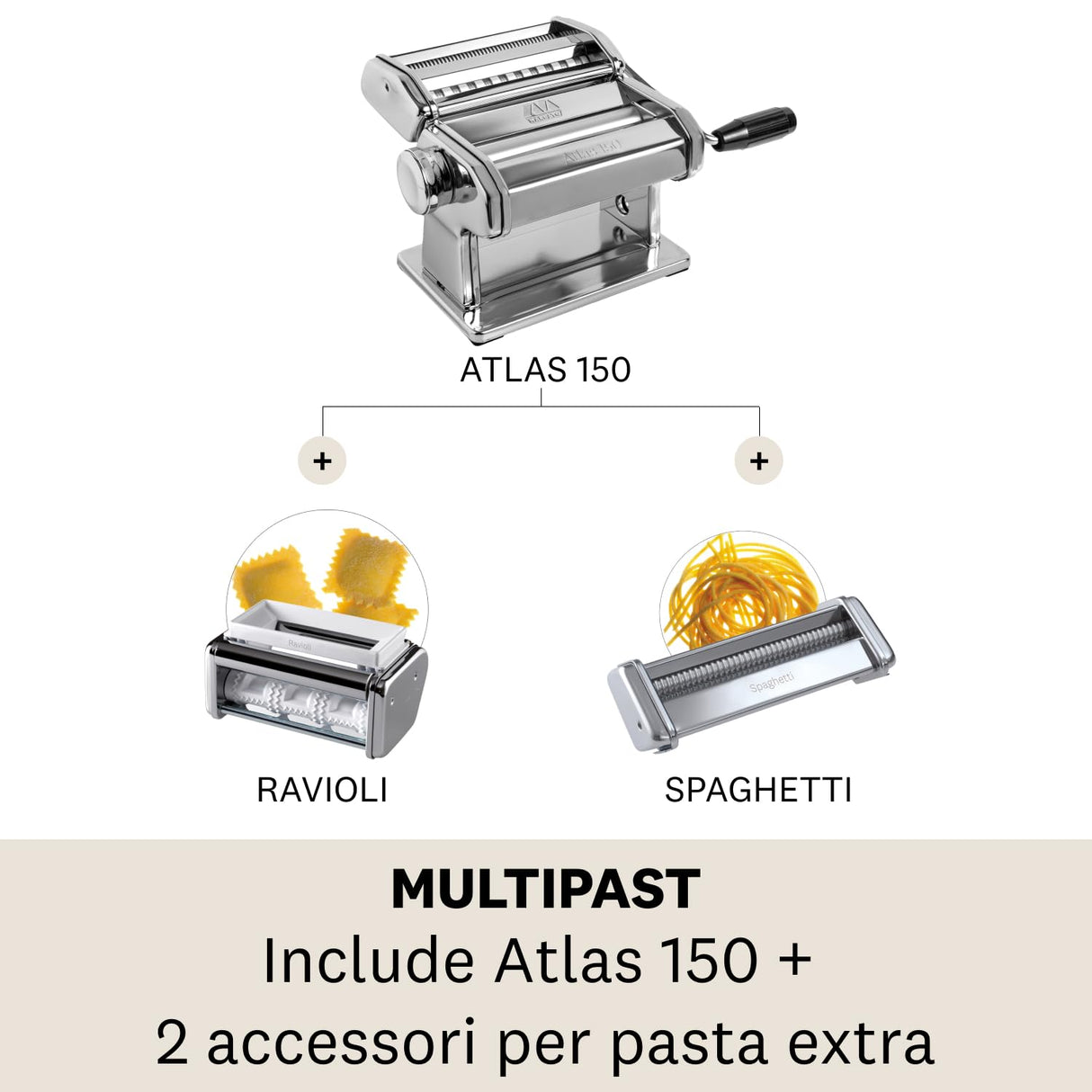 Marcato Pasta Set Máquina para Pasta Manual con Accesorios Incluido, Acero Cromado, Plata, 20 X 20.7 X 15.5 Cm