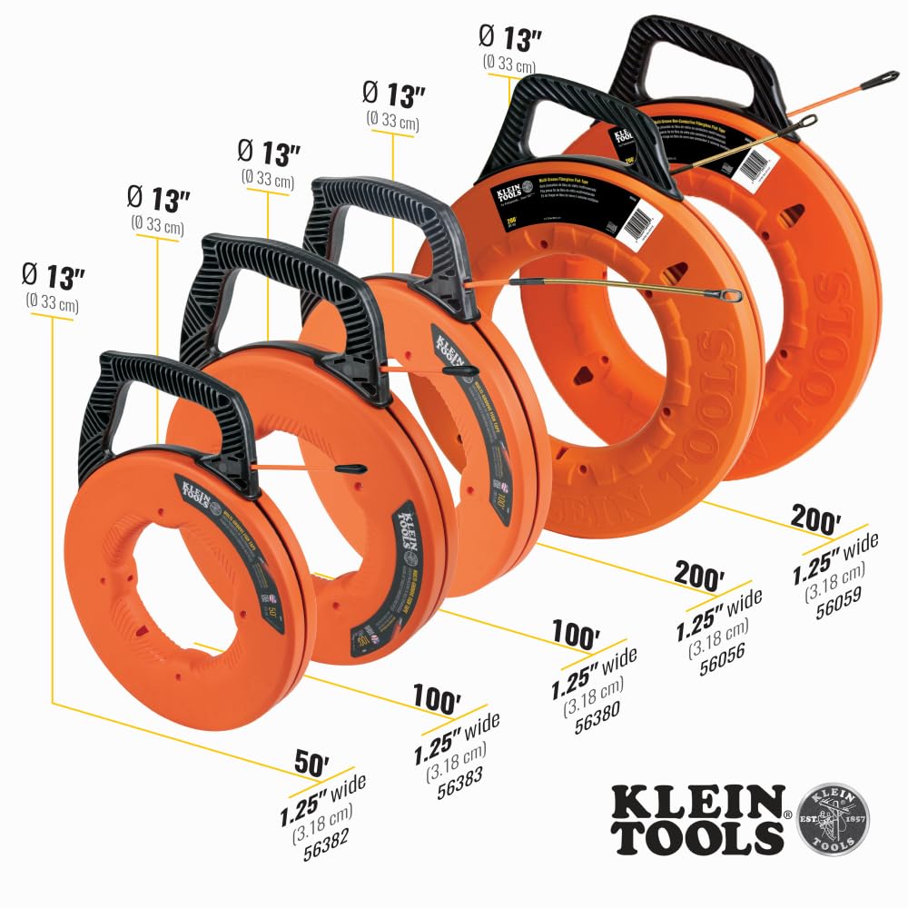 KLEIN TOOLS 56383 Cinta de pescado, extractor de alambre de fibra de vidrio multiranura con punta de nailon, carcasa y mango optimizados, 100 pies, naranja/negro
