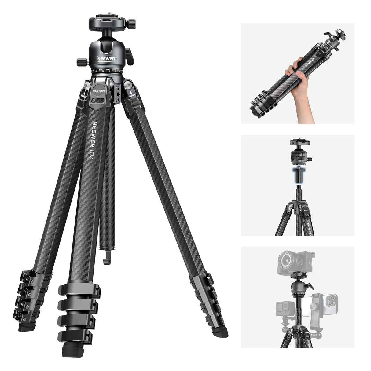 NEEWER LITETRIP LT38 - Trípode de viaje de fibra de carbono de 61 pulgadas para cámara, cabezal de bola de perfil bajo de inclinación panorámica de 360°, eje central flexible, placa QR Arca compatible