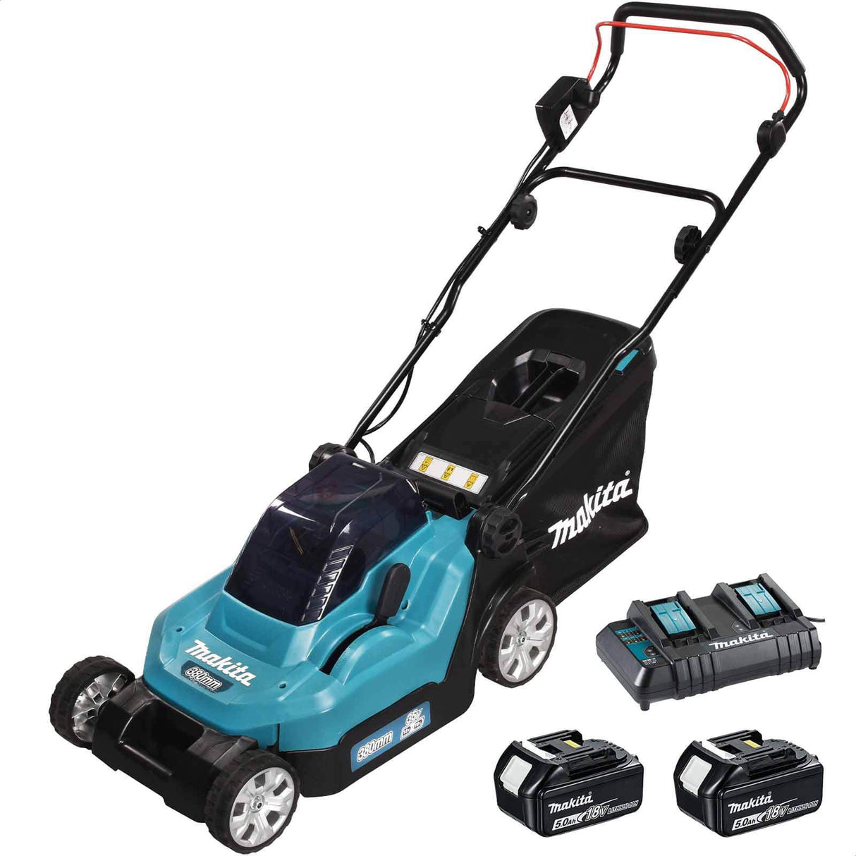 Makita DLM382CT2 - Cortacésped doble de iones de litio LXT de 18 V (36 V), 38 cm, con 2 baterías de 5,0 Ah y cargador de doble puerto